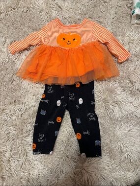 Carter's Orange Pumpkin Tutu Top and Black Halloween Leggings Set
